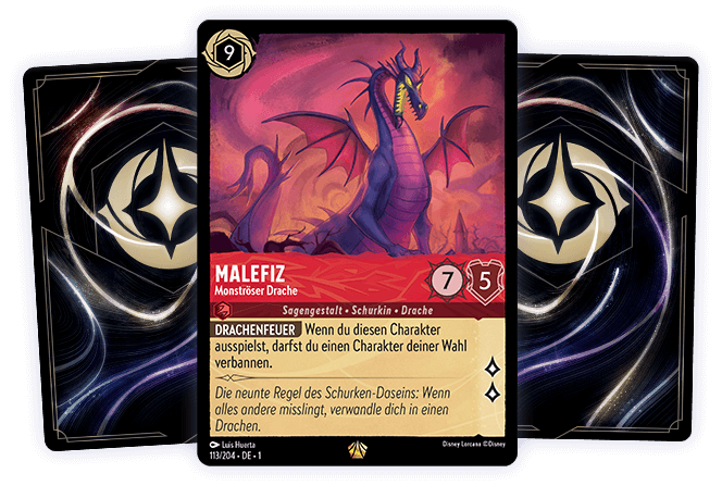 Trio of cards; two have their backs in view, and in the center is a card of Maleficent as a dragon