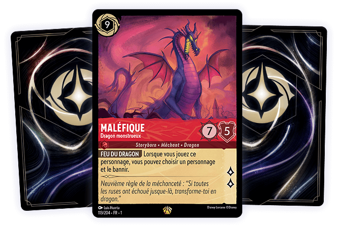 Trio of cards; two have their backs in view, and in the center is a card of Maleficent as a dragon