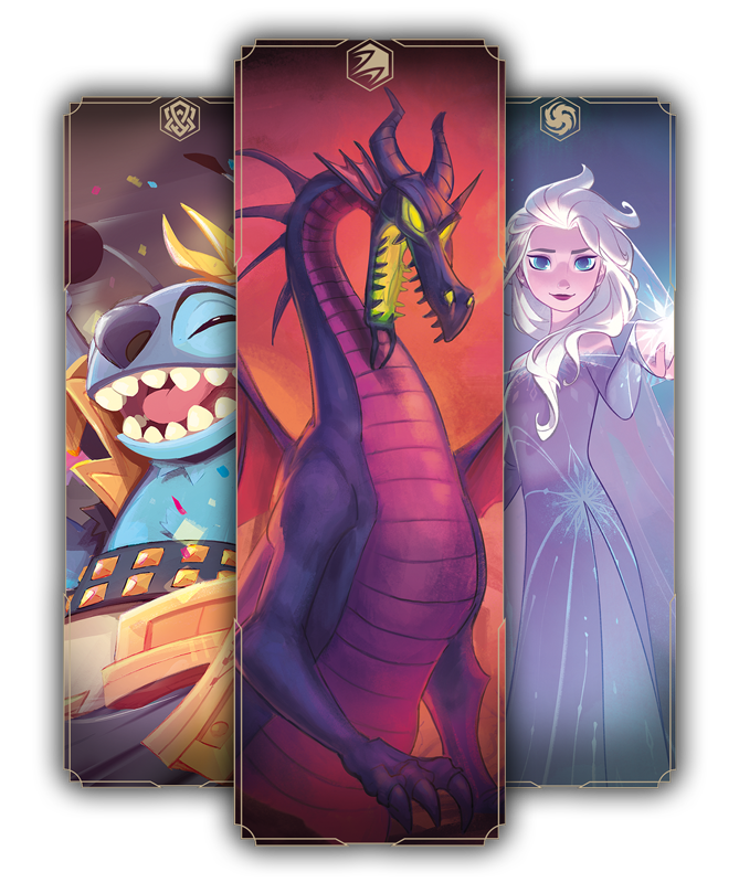 Three decorative images of Stitch, Maleficent as a dragon, and Elsa